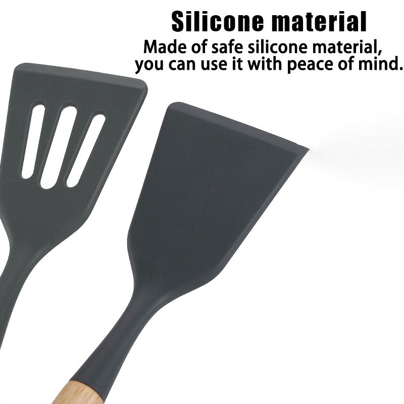 Conjunto de 12 Utensílios de Cozinha com Cabo de Madeira, Silicone Resistente ao Calor, Anti-riscos e Livre de BPA