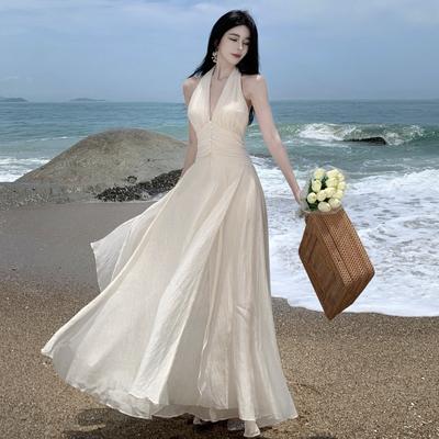Damen Sommer Ärmellos Hängender Hals Sanftes Temperament Taille Lange Kleider
