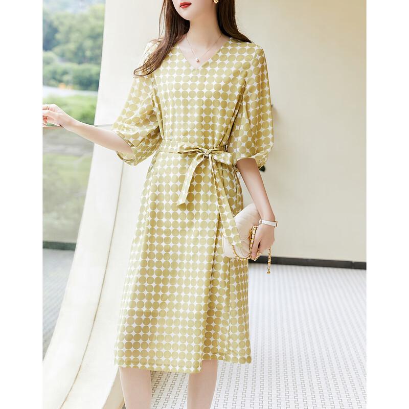 Deme Women's Retro Polka Dot V-Neck Lantern Sleeve Chiffon Midi Dress