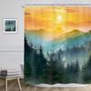 Sunrise Mountain Shower Curtain Forest Landscape Golden Sky Nature Art Warm Tone Bath Decor Waterproof Fabric Boho Style