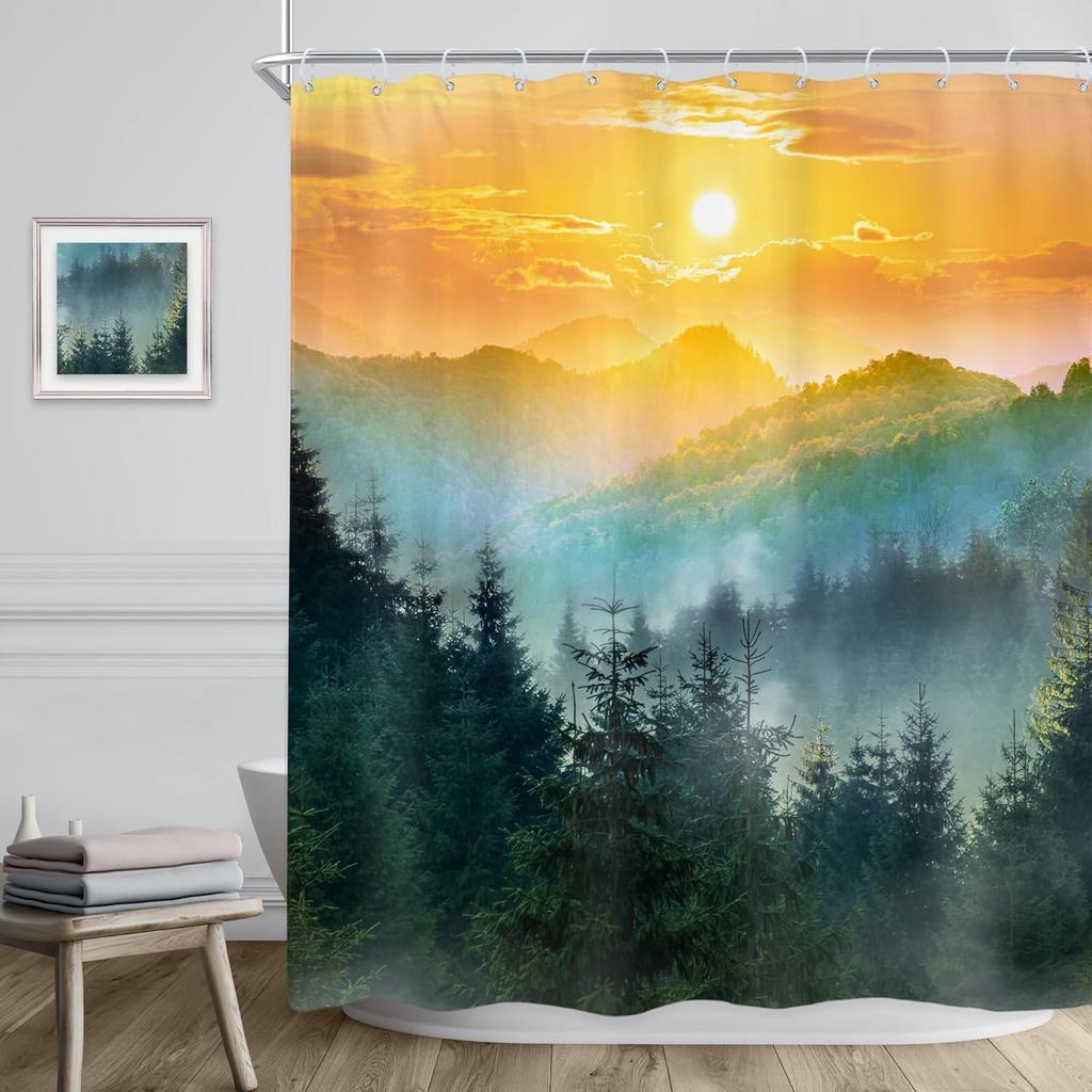 Sunrise Mountain Shower Curtain Forest Landscape Golden Sky Nature Art Warm Tone Bath Decor Waterproof Fabric Boho Style