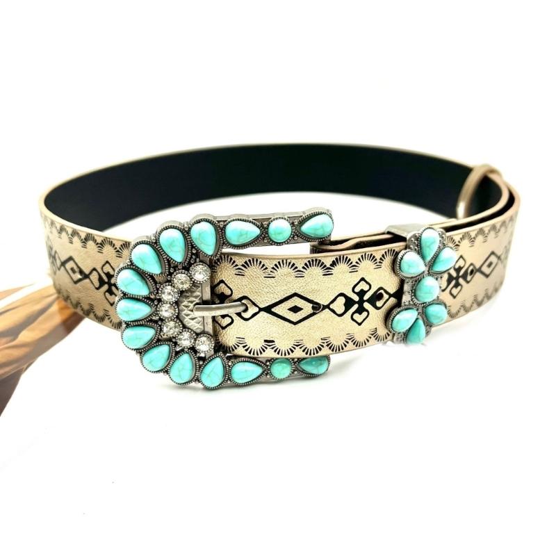 Elegant Western PU Belt Embossed Pattern Waistband Jeans Waiststrap Waist Decors Women Turquoises Buckle Waist Belt