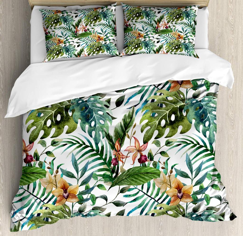 Palm Leaves Comforter Cover Duvet Cover Tropical Leaves Bedding Set Quilt Cover for Men Women, White 3 Pcs Queen King Size