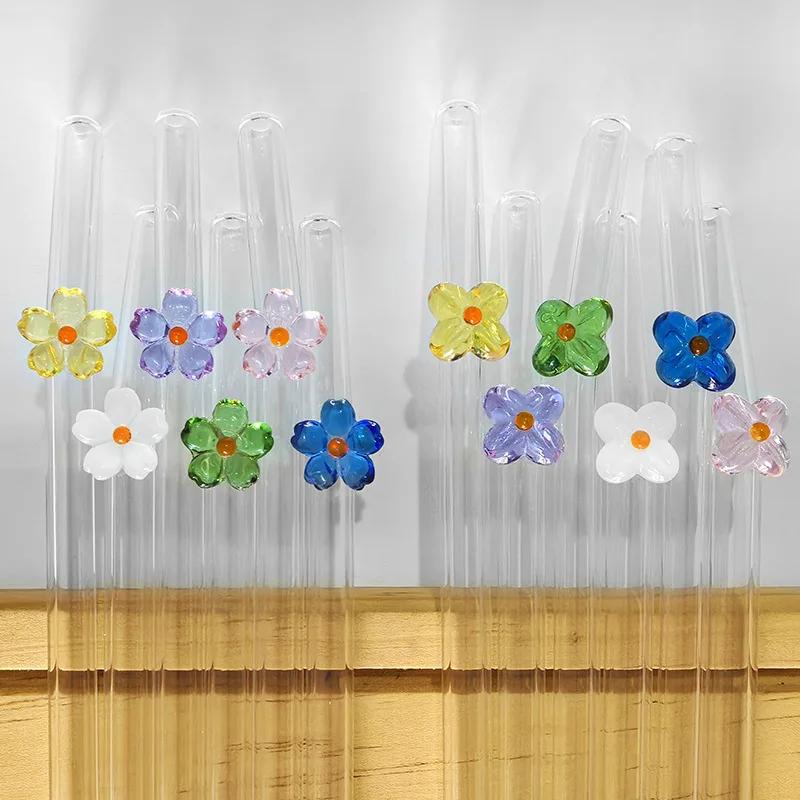 6pcs Flower Drinking Straw Set High Borosilicate Glass Bent Straws Set with Brush Milk Shake Coffee Cocktail Straw Bar Drinkware