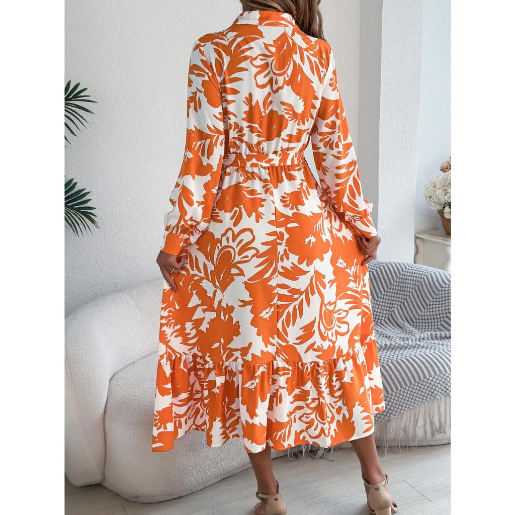 GMXIA Spring Summer Casual Flower-patterned Long-sleeved Shirt Dress Ruffled Long Dress Women's Clothing
