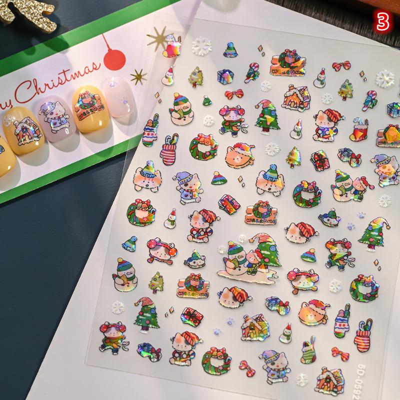 5D Laser Relief Weihnachts-Nagelsticker Schneeflocken Weihnachtsmann Elch Weihnachtsbaum Nagelaufkleber Geprägt Winter Weihnachten Maniküre Set
