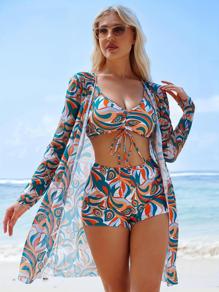 Women's Boyleg Three-Piece Swimsuit with Cardigan and Bow