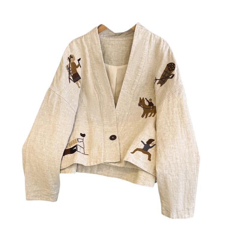 Chic Embroidered V-Neck Women's Jacket - 2025 Autumn Collection, Plus Size, Loose Fit, Short Style