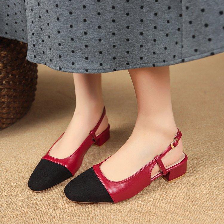 Large Size Color Matching Small Fragrant Wind Low Heel Sandals Women's Thick Heel Sticker Leather Rear Empty Flat Heel Sandals Retro Women's Shoes Lo