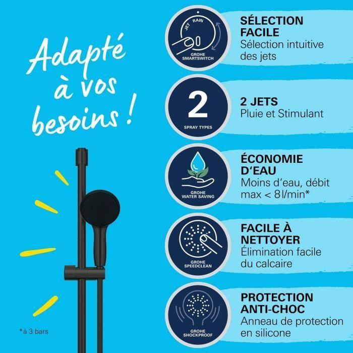 Ensemble de douche avec pommeau 2 jets, barre 90cm et flexible - GROHE Vitalio Start 110 269542431 - Economie d'eau - Noir Mat