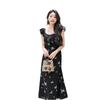 Black French floral retro dress women's summer new butterfly print small flying sleeve sleeveless temperament long dress