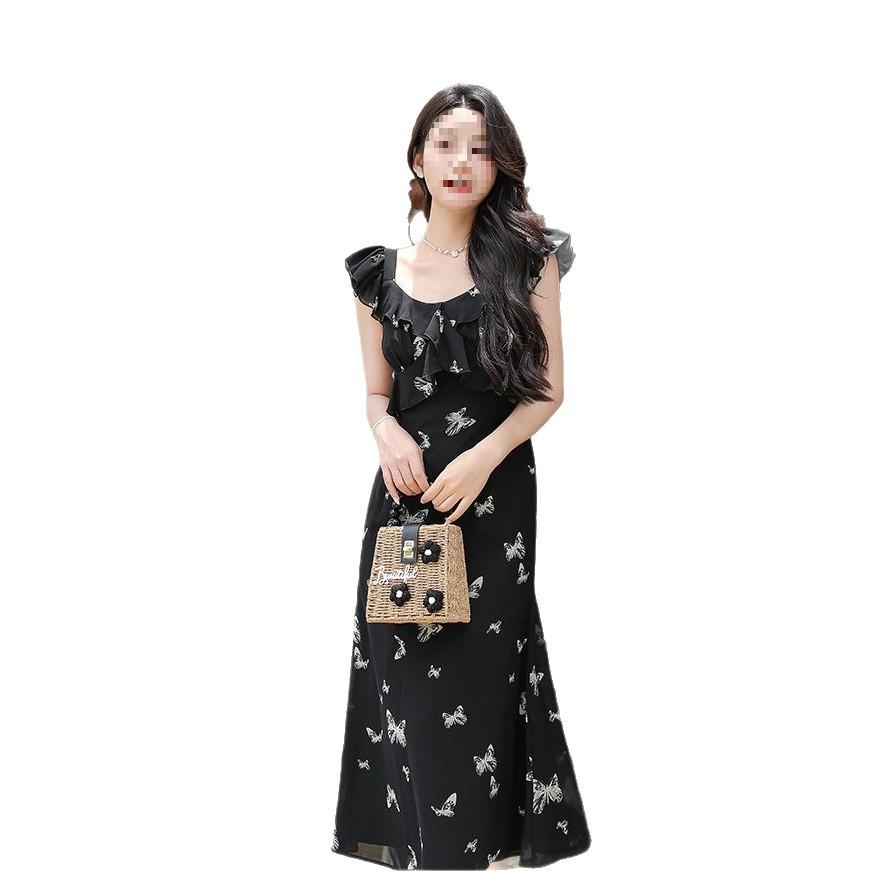Black French floral retro dress women's summer new butterfly print small flying sleeve sleeveless temperament long dress
