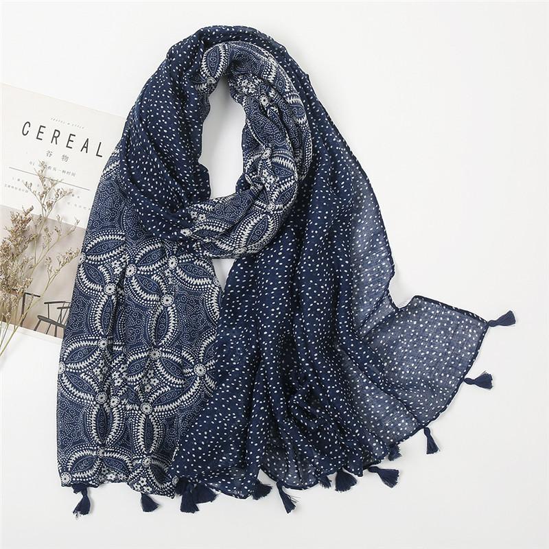 Women Autumn Spain Lovely Polka Floral Tassel Viscose Shawl High Quality Print Wrap Pashmina Stole Bufandas Muslim Hijab Snood