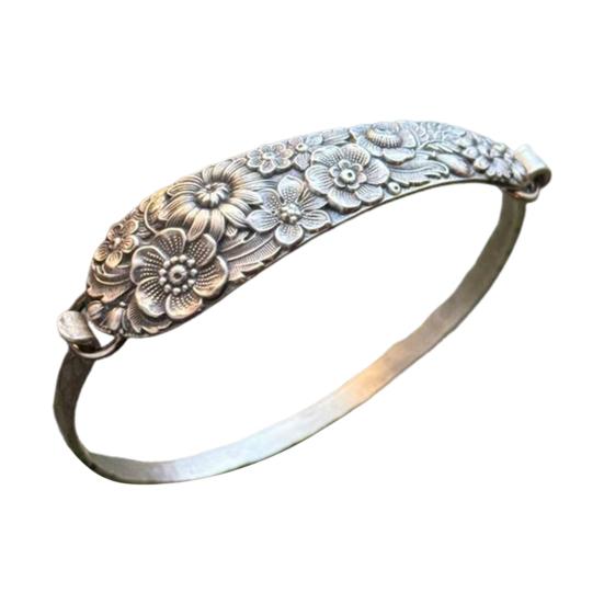 Handmade Sterling Spoon Bangle Floral Pattern Opening Bangle Boho Style Handle Cuff Jewelry Accessories