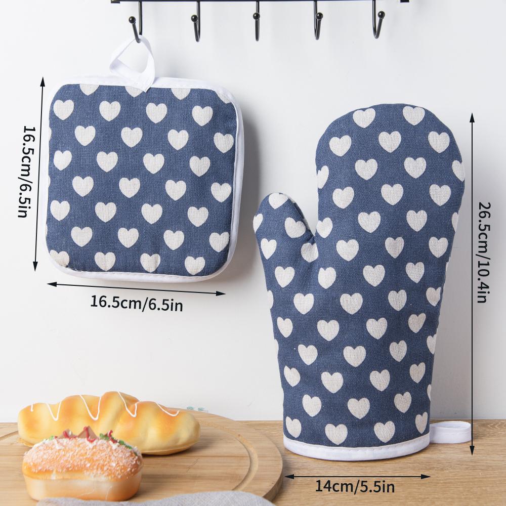 1PC Cotton And Linen Heart Printed Microwave Oven Gloves For Household Kitchen, Thickened Heat-Resistant Gloves