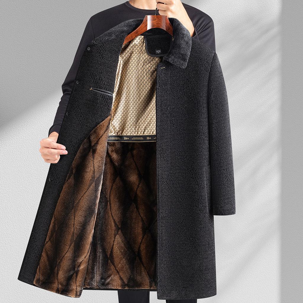 New autumn and winter woolen men's mid-length fur collar cashmere coat plus velvet thickened warm jacket