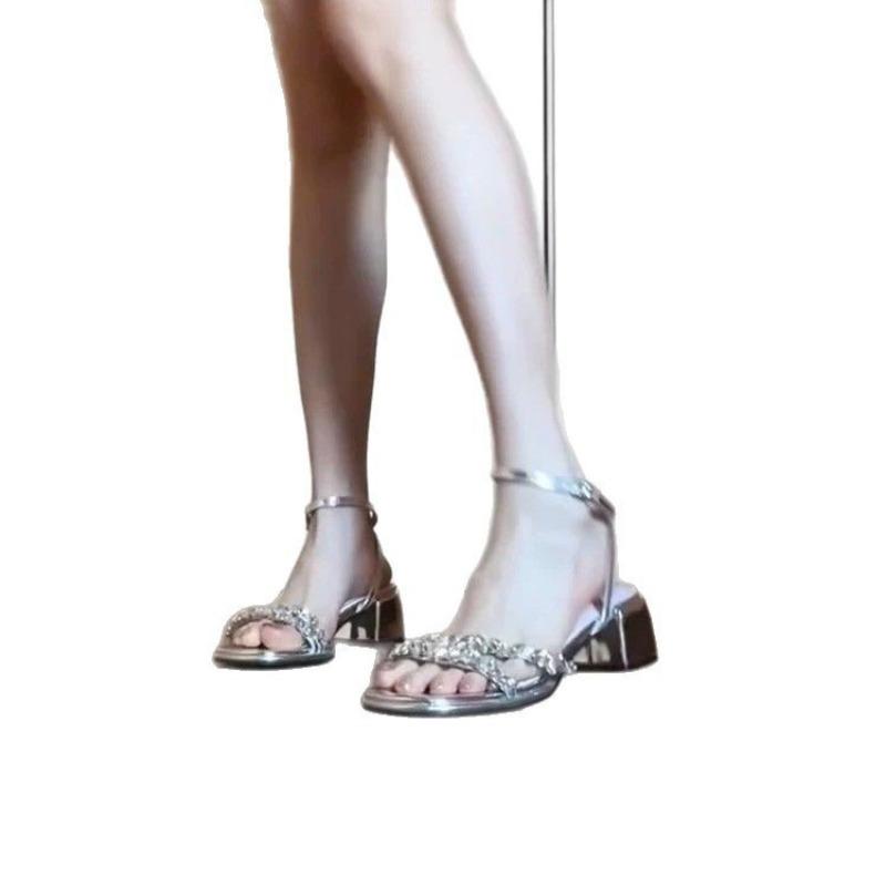 [Heel Height .5cm] Thick Heel Thick Sole Heightening Rhinestone Sandals Women Wear Summer New Open-toed Slippers