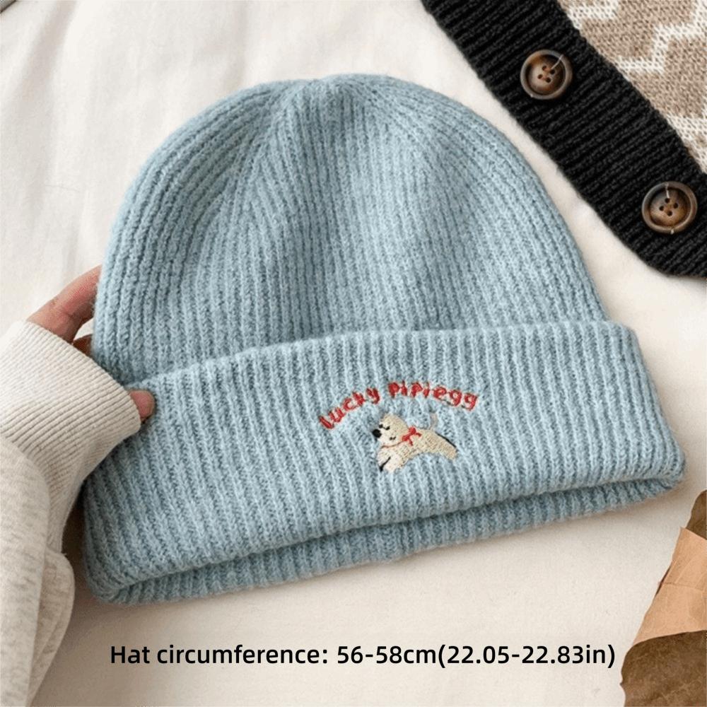 Puppy Embroidery Winter Knitted Hat Winter Warm Crochet Bonnet Hat Cute Beanie Cap