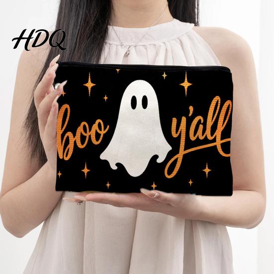Anti Pilling Cosmetic Bag Bag Halloween Pattern Print Makeup Canvas Cute Daily Storage Zipper Pouch for Change Data Cable Washable Pencil Case