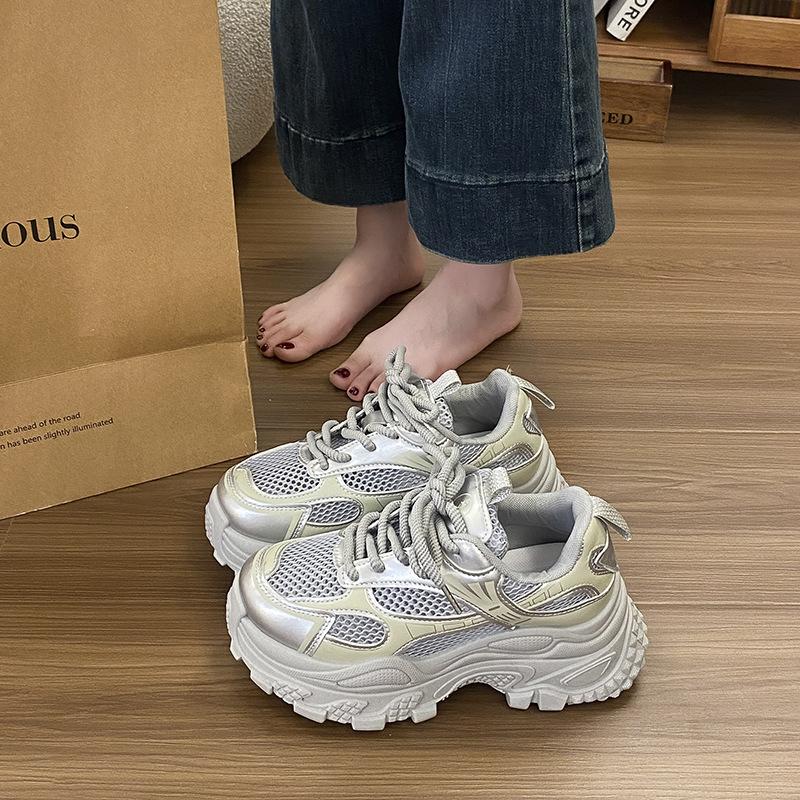 Thick-soled Silver Dad Shoes Women's Summer New Fried Street Versatile Breathable Mesh Heightening Lightweight Sports Shoes Tide