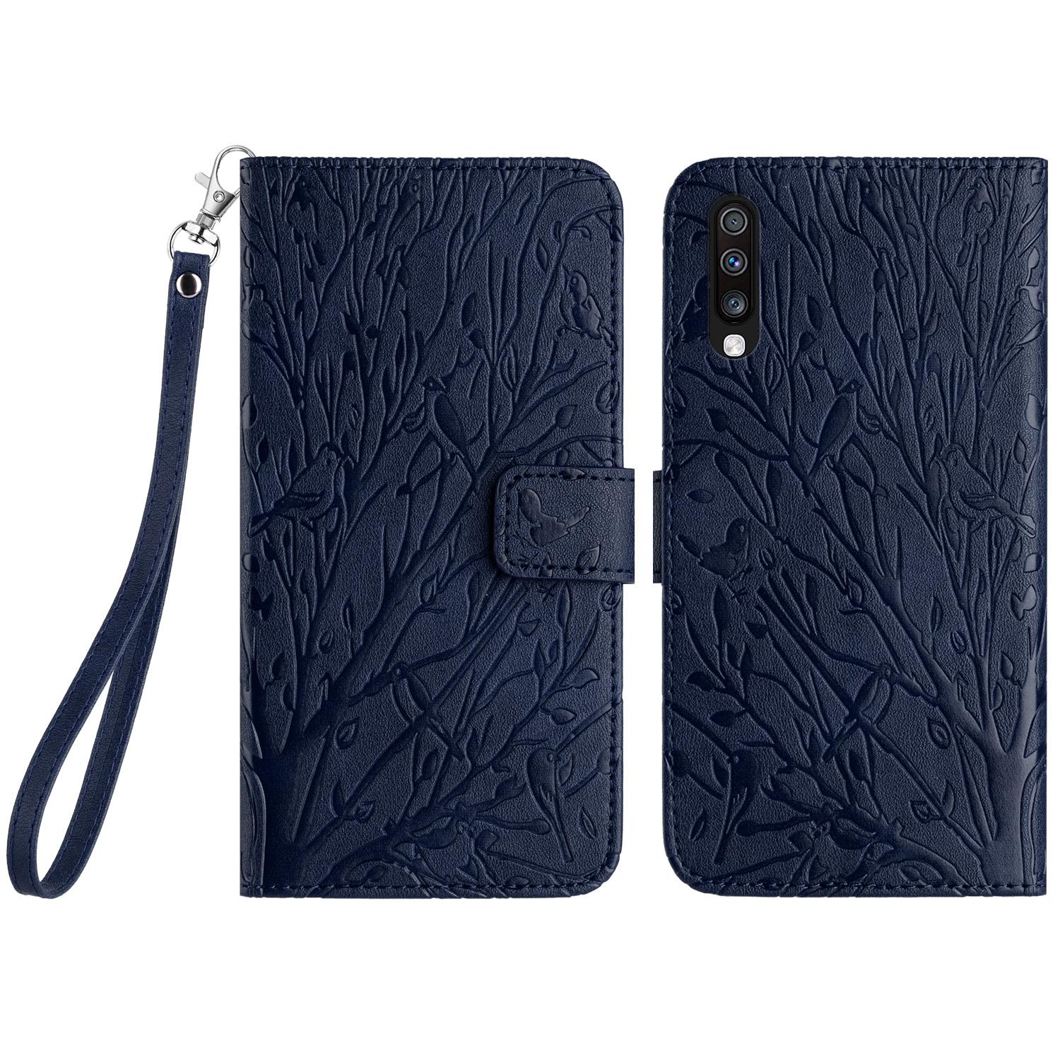 

For Samsung Galaxy A70 Leather Case Wallet Imprinted Leather Phone Cover Blue
