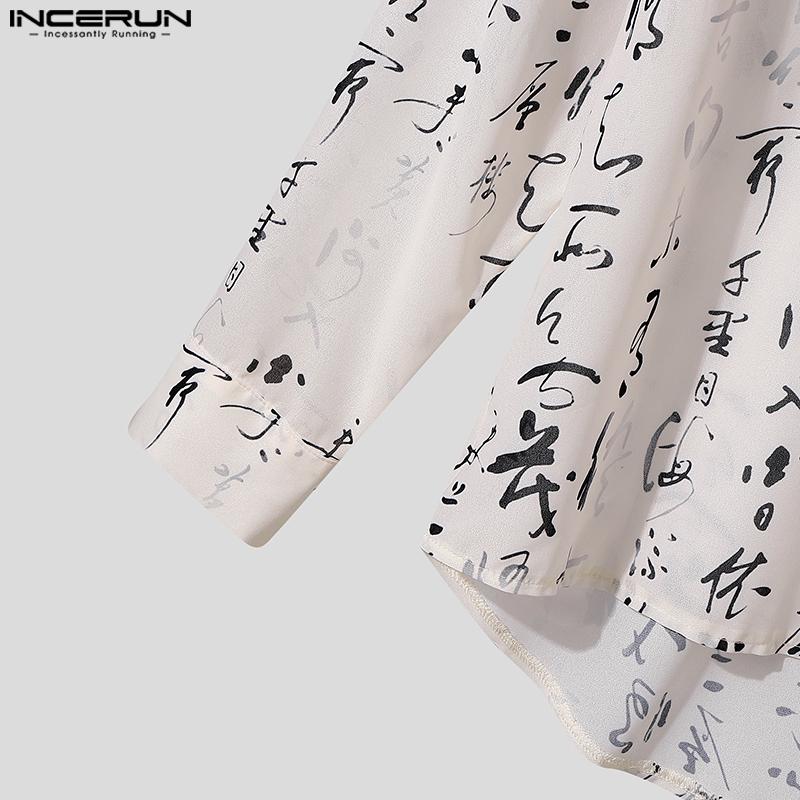 INCERUN Oversized Vintage Men Long Sleeve Print Semi-Sheer Tops T-shirts