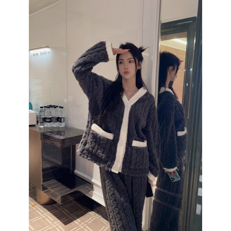 Autumn Winter Women's 2 Piece Set Pajamas Women Thickened Padded Warm Students Coral Clot Velvet Suit Homewear Cardigan Trousers