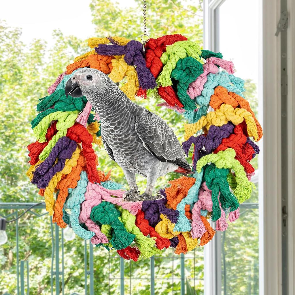 Parrot Swing for Large Birds - Colorful Cotton Rope Hanging Ring Toy for n Grey, Cockatoo, Conure, and Parakeet | Chewing, Exercise, Climbing, and