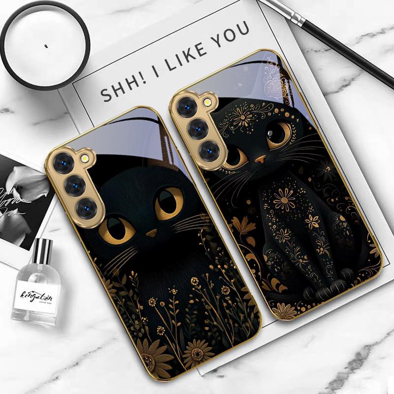 Fantastic Black Cat For Samsung Galaxy S20 FE S21 S22 S23 Plus S24 Ultra S25Ultra S21+ S9+ S22Plus Golden Glass Phone Case