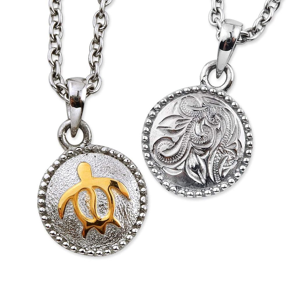 (Aloha Lokahi) Aloha Lokahi Hawaiian Jewelry Necklace, Surgical Stainless Steel, Double Plate Scroll Design, Figaro Chain (2mm Stainless Steel