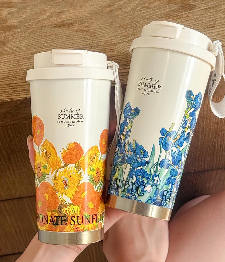 2025 316 Izolovaný hrnek na kávu pro ženy: Elegantní cestovní hrnek s dvojitou stěnou a designem konvalinek