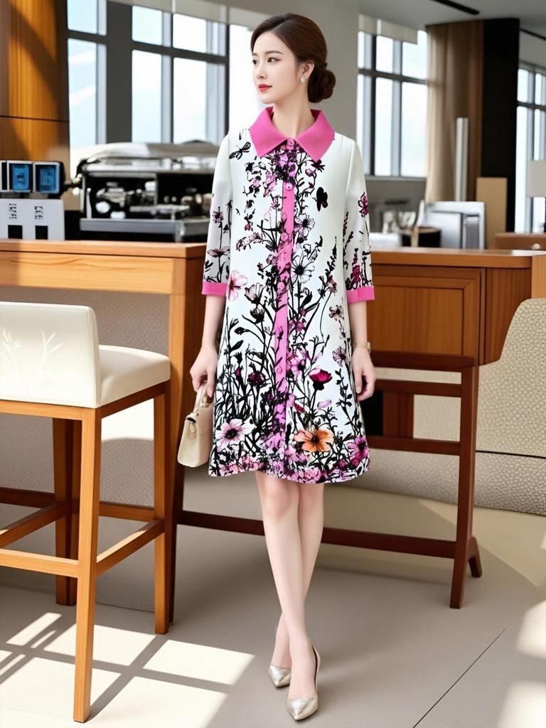 Spring 2026 Retro-Print Dress & Cardigan Set - Age-Reducing, Loose Fit, Plus Size Skirt