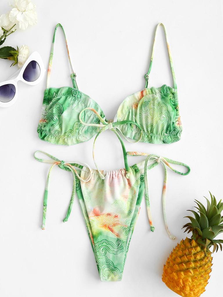 ZAFUL Tie Dye Auspicious Clouds Lettuce Trim String Bikini Swimwear