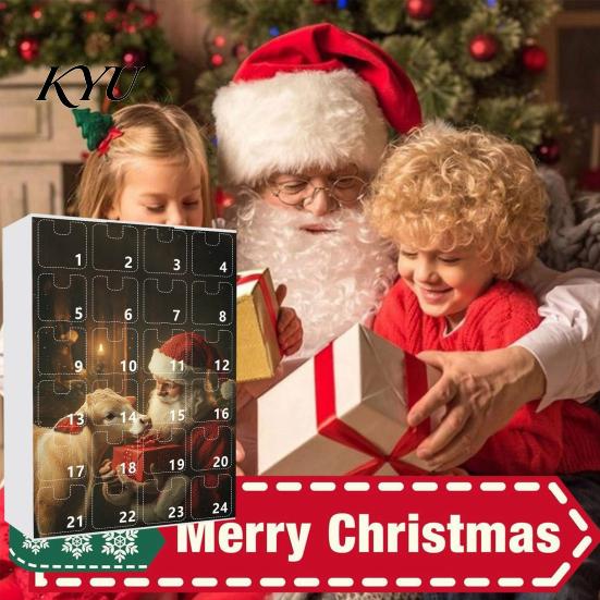 Holiday Countdown Box with Santa Hat Calves Christmas Advent Calendar, 24 Day Highland Cow Tree Decoration Ornaments Acrylic Pendants, Festive Hanging