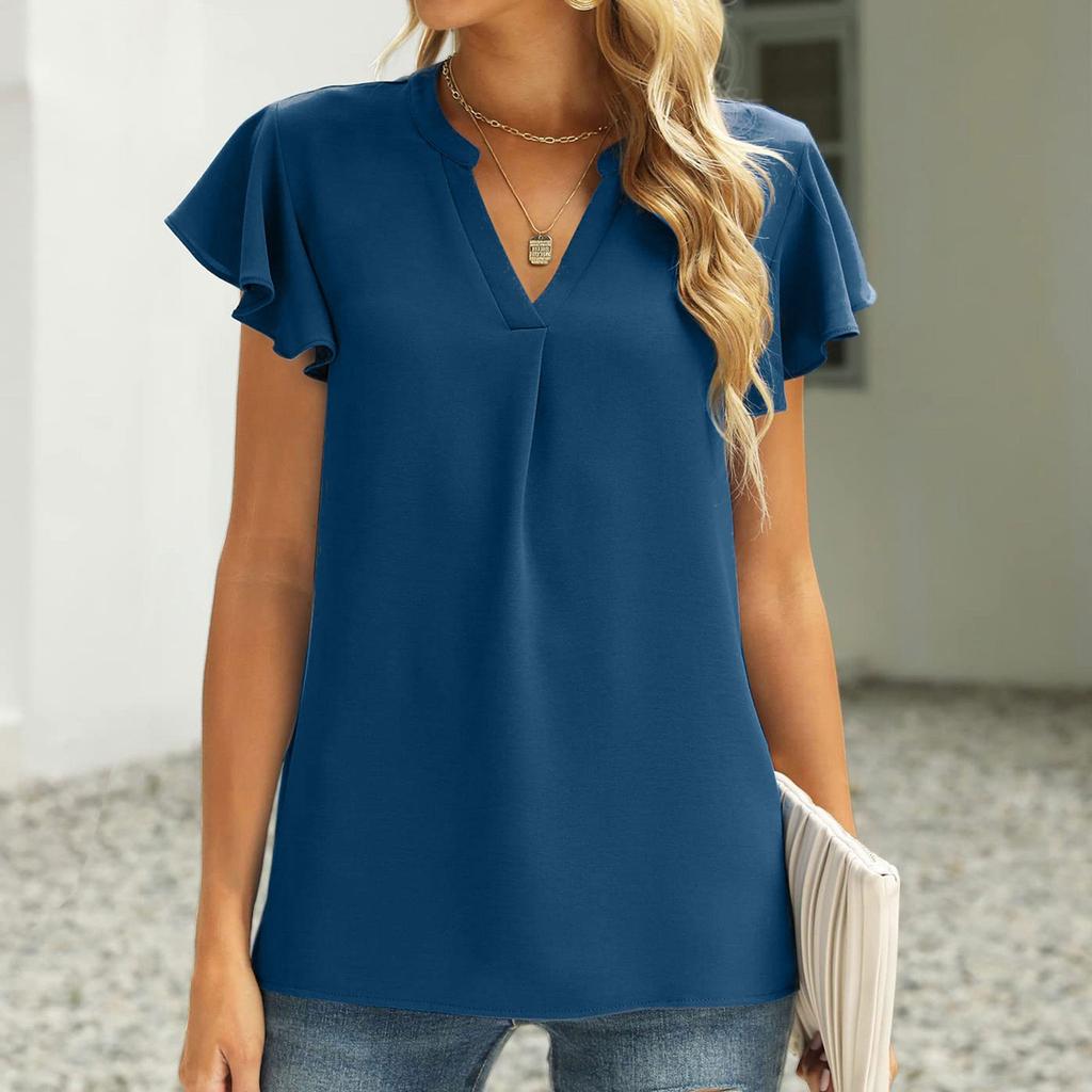 Women's Fashion Solid Color Casual Short Sleeve Stitching V-Neck Shirt Top