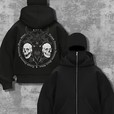 Men's Cool Skull Pattern Hoodie Fashionable Casual Retro Street Style Cool Double Hat Zipper Jacket Horror Style Top
