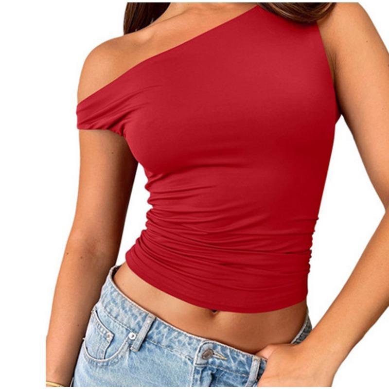 Women one shoulder asymmetrical short sleeve ruched crop top solid black slim casual tee