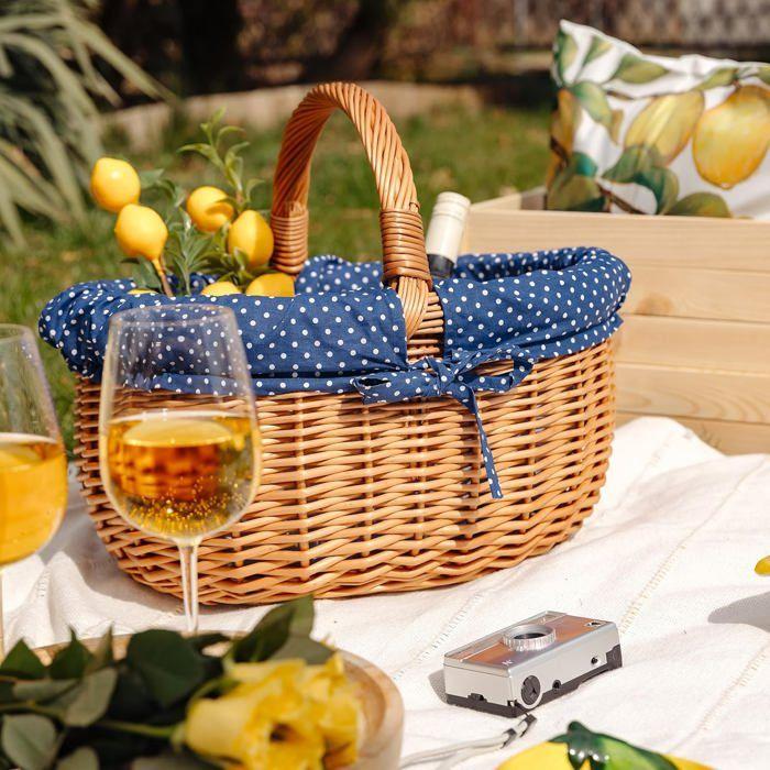 Panier pique-nique - CREATIVE HOME - Osier Pois Bleu Marine - 43x32x37 cm - Osier naturel - Ficelles amovibles
