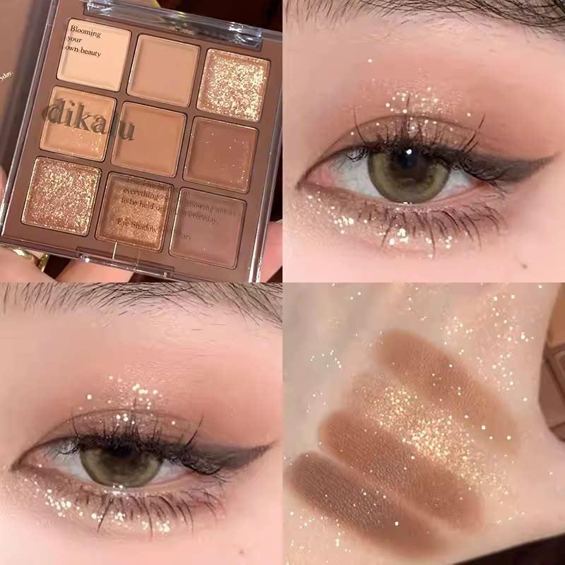 Nine-Pan Glitter Eyeshadow Palette Waterproof Pearlescent Matte Warm Brown Milk Tea Earth Tones Daily Light Makeup Student Affordable Price