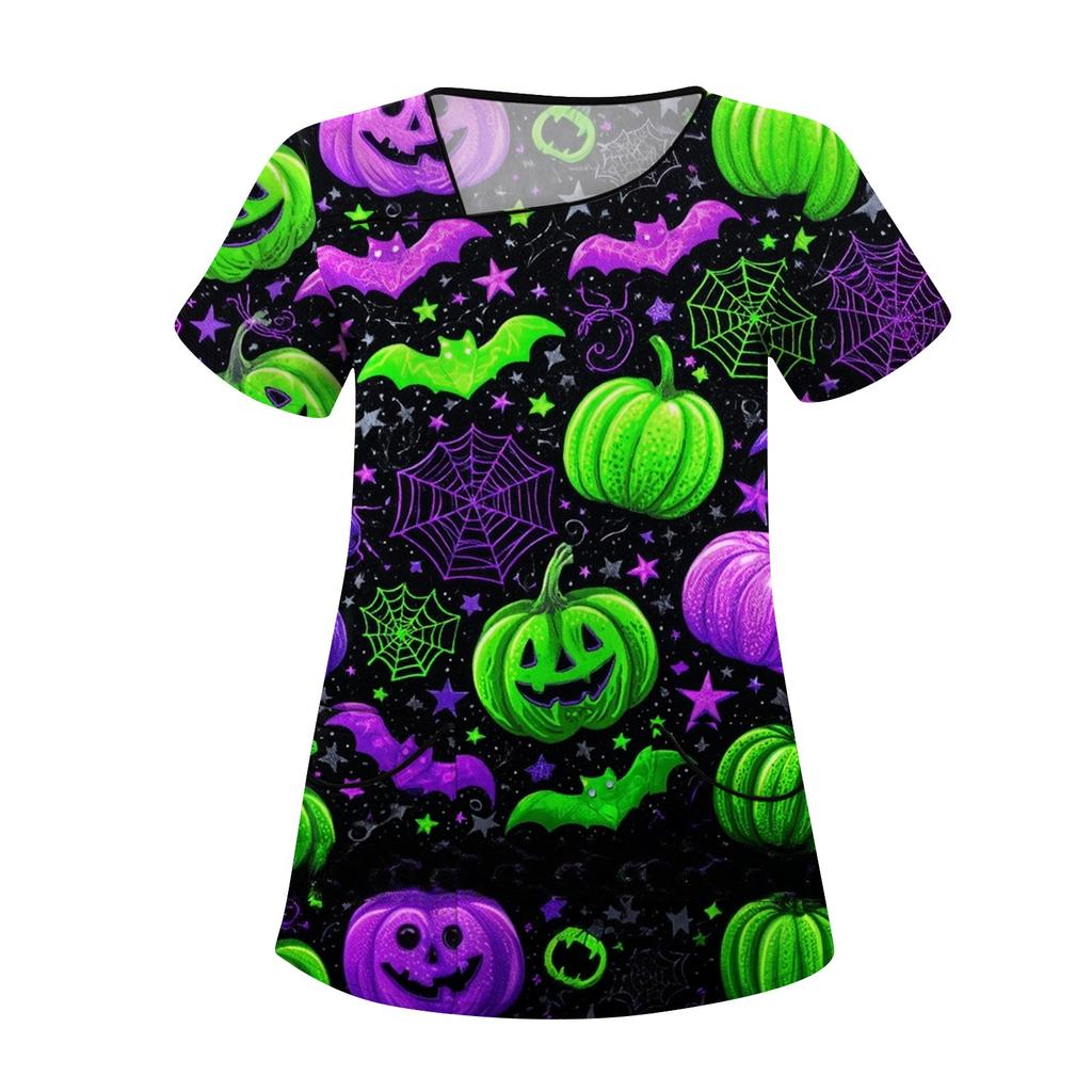 Dámské potištěné pracovní oblečení, šikmý límec a dvojité kapsy, základní top pulovr