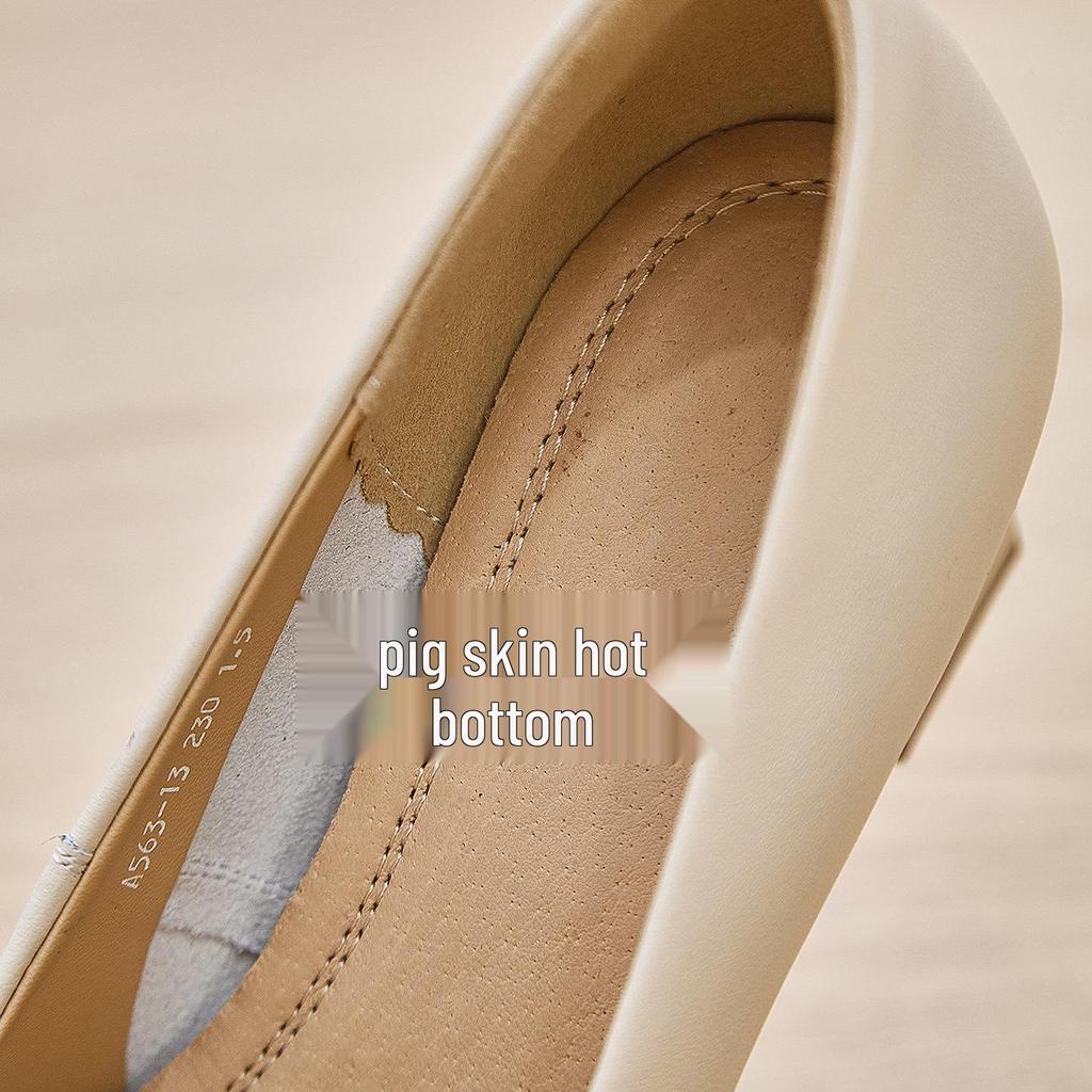 Women's French-Style Chunky Heel Cowhide Shoes - 2025 New Soft Sole, Low-Cut, Comfortable for Long Wear, Versatile for Work and Banquets