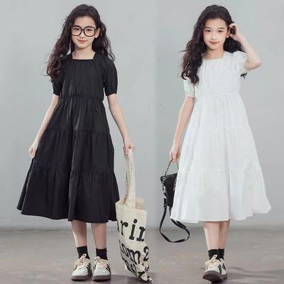 Summer Princess White Black Dress Boat Neckline Short Sleeve Backless Kids Children Teens 5-12 Years