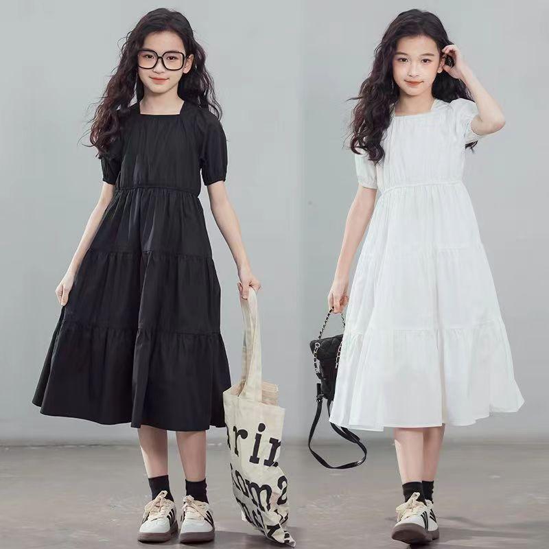 Summer Princess White Black Dress Boat Neckline Short Sleeve Backless Kids Children Teens 5-12 Years