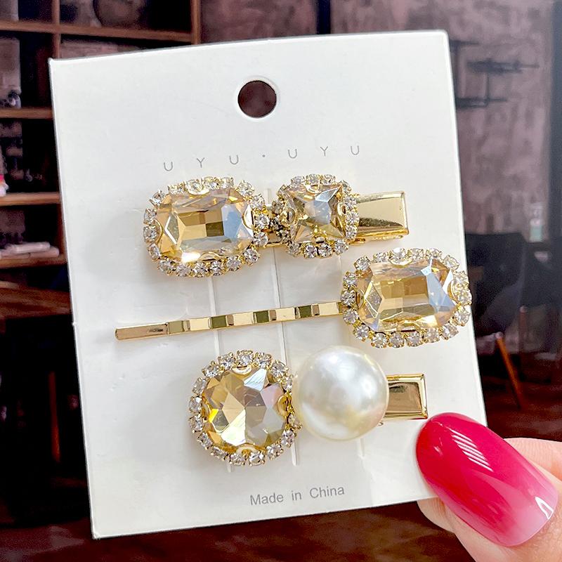 Fashion Shiny Luxury Full Crystal Pearl Women Barrettes Waterdrop Hair Clip Hairgrips Geometric Hair Accessories Korean Headwear