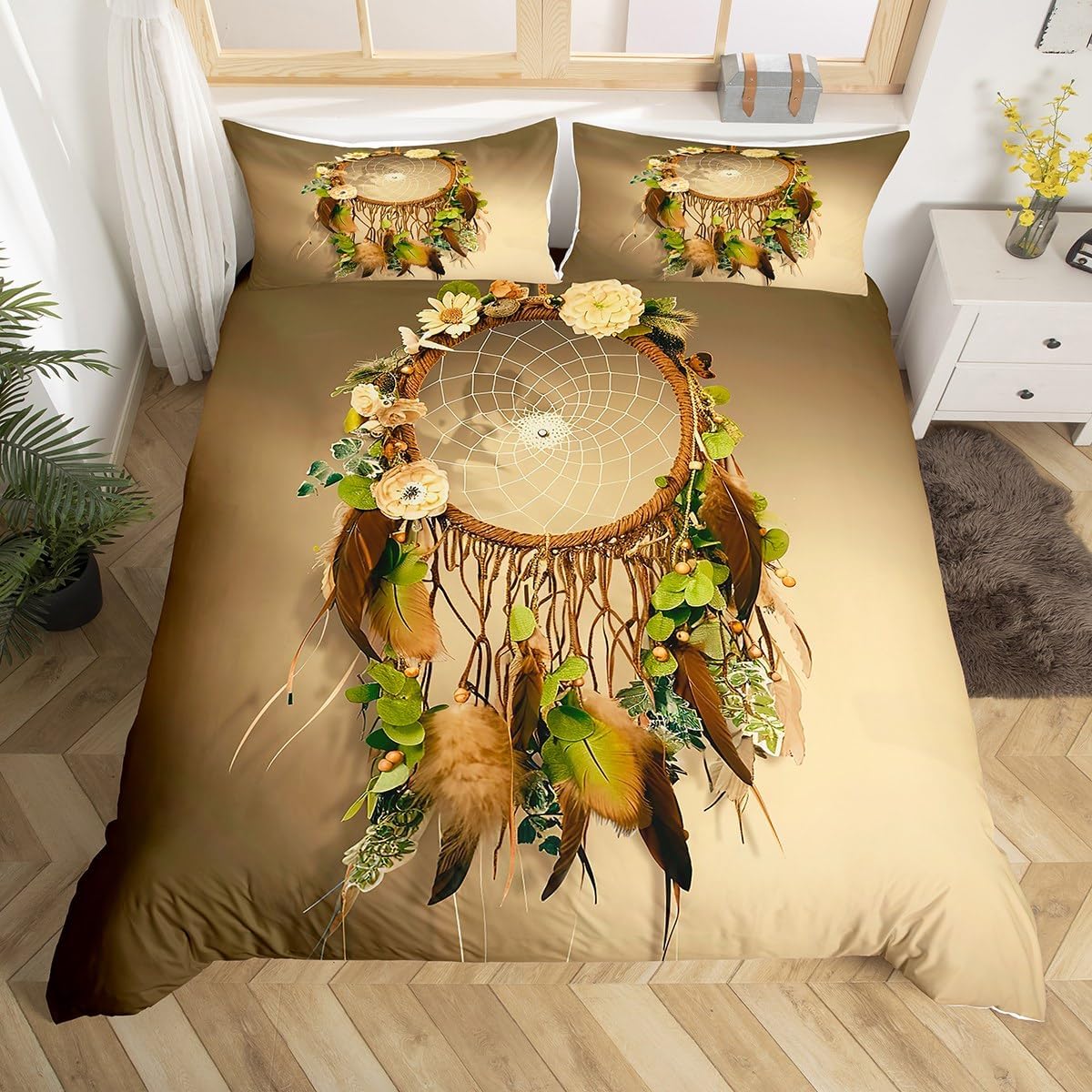 

Dream Catcher Warm Comforter Cover For Young Girls Women Boho Feather Soft Duvet Cover Single Quen Exotic Bohemian Mplusala Floral Beding Set 135*200cm Eu-Single