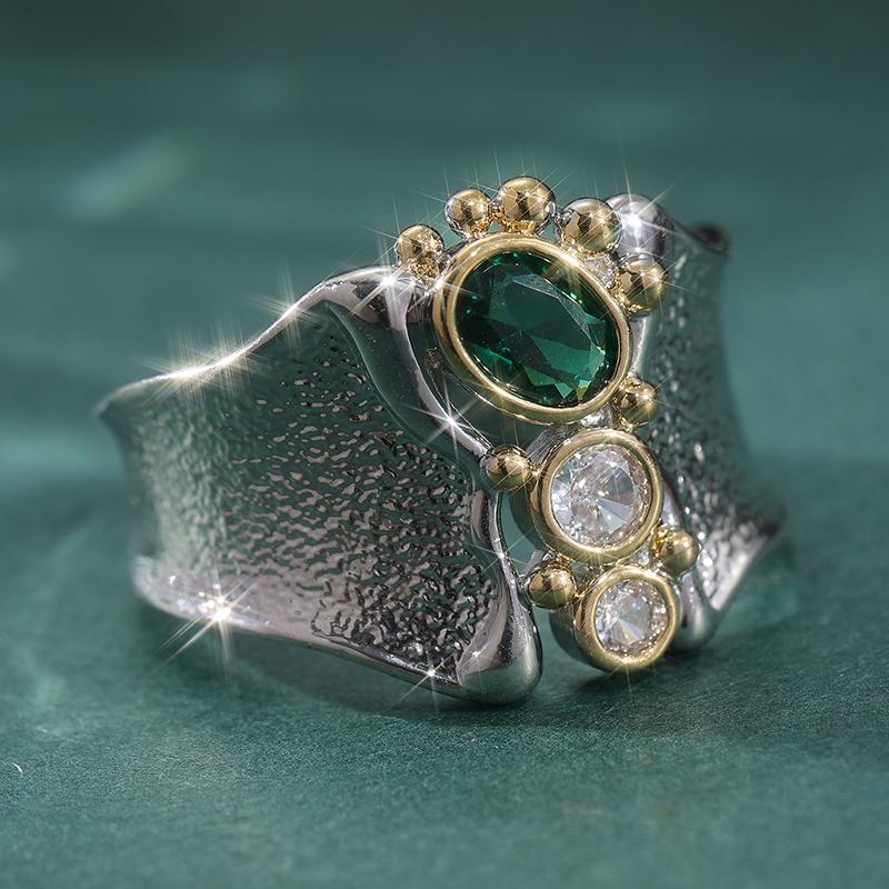 Vintage Two Color Inlaid White Green CZ Women's Ring Geometry Daily Wear Party Jewelry