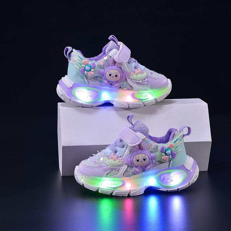 Glowing 2025 Spring/Autumn Light-Up Velcro Sports Shoes for Girls - Cartoon Design and Running Comfort