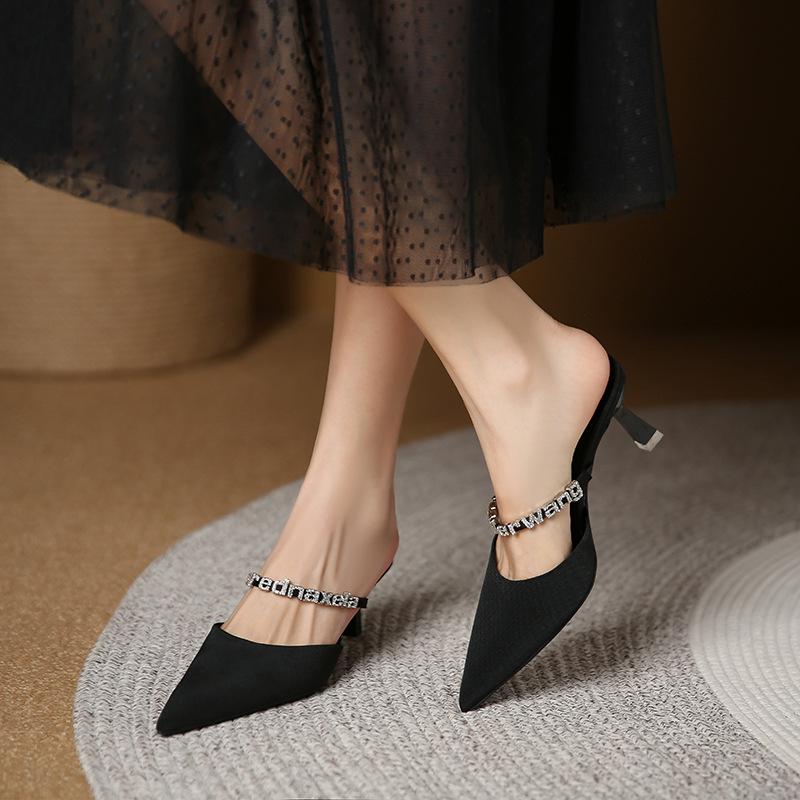 699-19 Baotou Half-drag Sandals Women's 2025 New Temperament Rhinestone Outer Wear High Heels Pointed Thin Heels Women's Shoes
