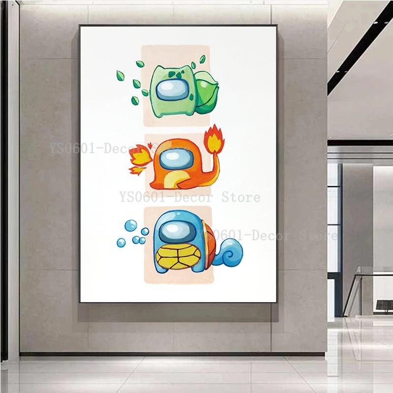 

Рамка из цельного дерева Pokemon Cute Squirtle Charmander Косплей Amongus Плакат Японское аниме Холст Картина Декор в гостиную Настенные художественные принты Фреска