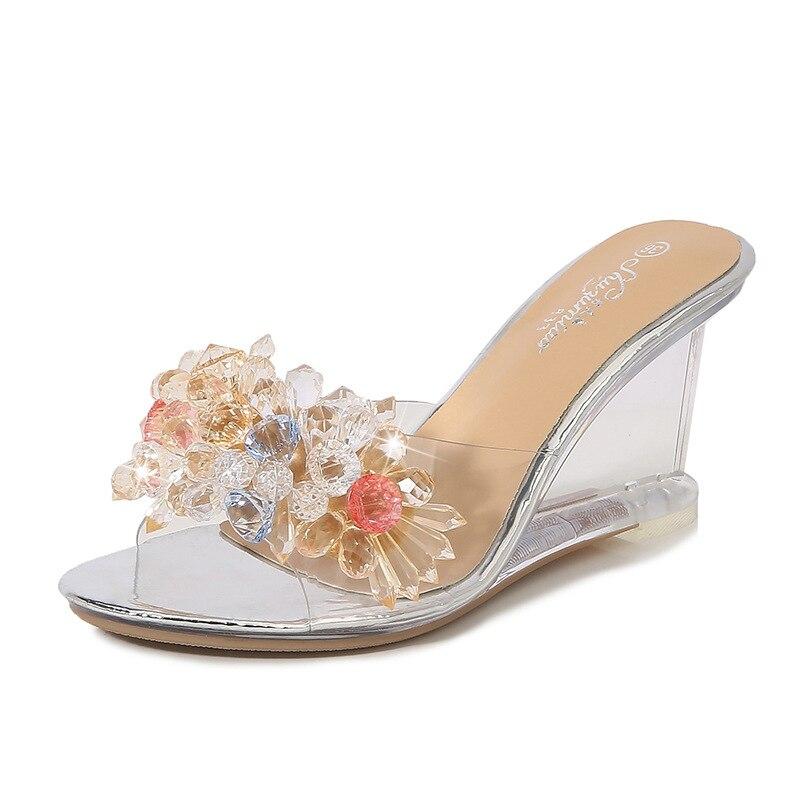 

Женские летние новые пикантные прозрачные туфли на высоком каблуке со стразами, тапочки на наклонном каблуке, серия 1098, туфли на высоком каблуке 6 см, LFD 37 серебряный